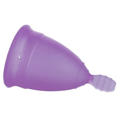 Copo menstrual roxo de silicone com haste texturizada