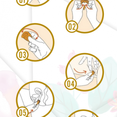 Instruções em imagens mostrando aplicação de produto vaginal com aplicador em seis passos.