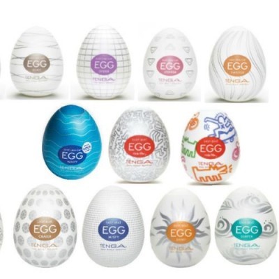 Dez ovos TENGA EGG em várias cores e desenhos diferentes, dispostos em três filas sobre fundo branco.