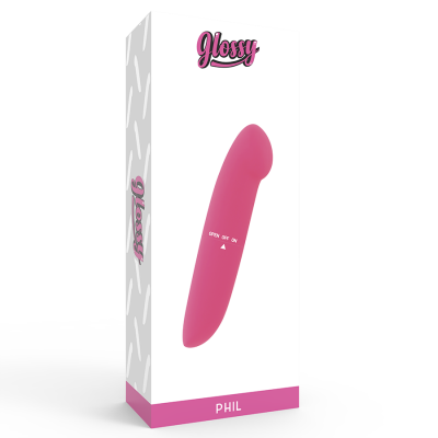 Caixa branca com vibrador rosa curvado e palavra Glossy