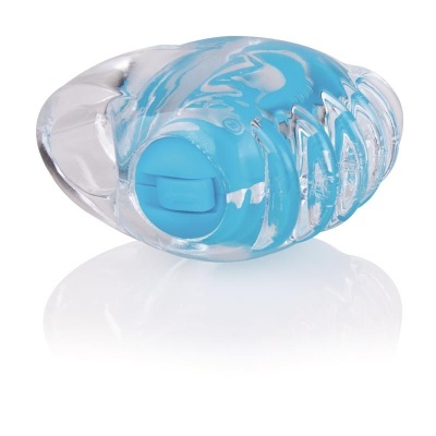 Produto de plástico transparente com interior azul e textura ondulada