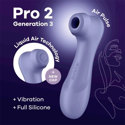 Dispositivo roxo claro Pro 2 Generation 3 com Liquid Air Technology e texto explicativo sobre fundo roxo escuro