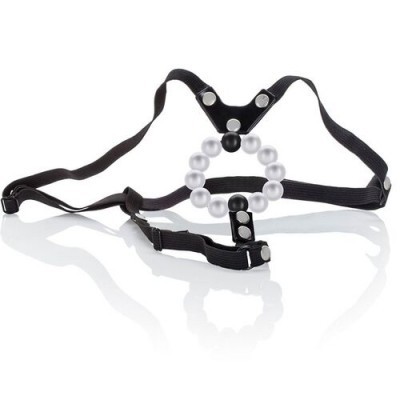 Arnés negro ajustable con detalle de cuentas blancas en círculo
