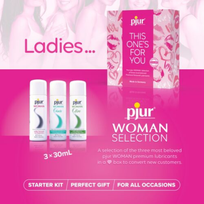 Kit de lubrificantes pjur Woman Selection com três frascos e embalagem rosa
