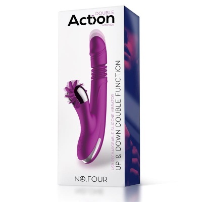 Caixa de vibrador roxo Action Double Function com texto em inglês.