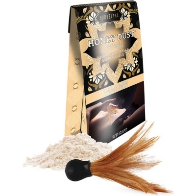 Pacote de pó panificação 'HONEY DUST' preto dourado branco, pincel cerdas castanhas cabo preto, pó branco espalhado