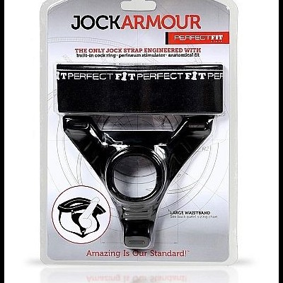 Jockstrap preto Jock Armour em embalagem transparente com cartão branco e vermelho