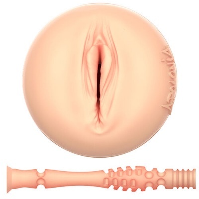 Produto redondo cor de pele com abertura central e acessório texturizado alongado