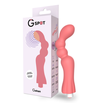 Vibrador cor-de-rosa em silicone ao lado da embalagem branca com texto e ilustração