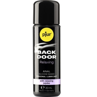 Frasco preto de lubrificante pessoal anal pjur Back Door com rótulo amarelo, branco e roxo