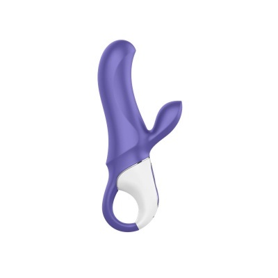 Vibrador roxo com controlo branco e design ergonómico