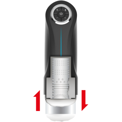 Dispositivo preto e cinzento com botão e cilindro branco texturizado
