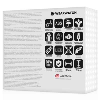 Caixa de produto Wearwatch com várias icons e texto em inglês sobre características e especificações do produto