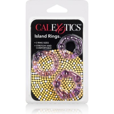 Embalagem com três anéis roxos translúcidos texturizados e texto CALExotics Island Rings