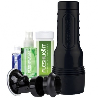 Conjunto de produtos para cuidados pessoais com recipiente preto, frasco branco com pó e frascos pequenos em fundo branco