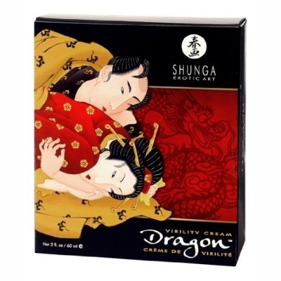 Embalagem preta de creme com arte erótica japonesa de um casal, texto SHUNGA, Dragon, 60 ml.