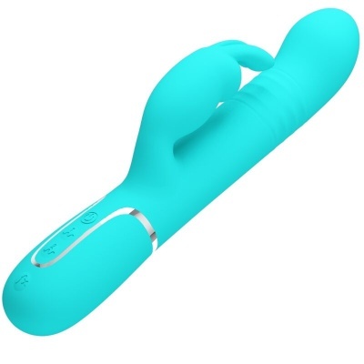 Vibrador azul turquesa em silicone com duas extremidades e controles embutidos