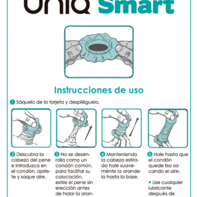 Instruções de uso do preservativo UniQ Smart com ilustrações em fundo branco.