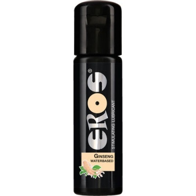Frasco preto de lubrificante EROS com etiqueta GINSENG WATERBASED e imagem de ginseng