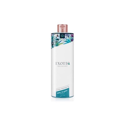 Frasco branco de óleo de massagem Exotiq com tampa rosa e decoração floral