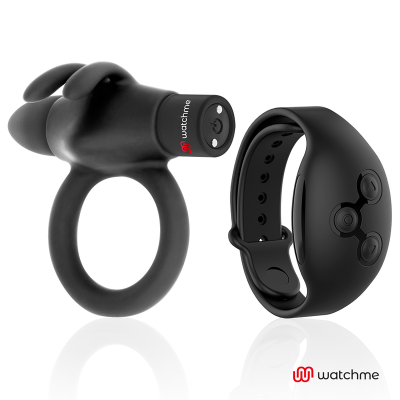 Dispositivos pretos modernos, um anel e uma bracelete com botões, com logo 'watchme'.