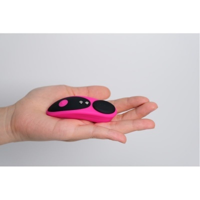 Controle remoto pequeno rosa e preto na mão