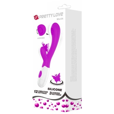 Embalagem de produto sexual em silicone roxo e branco com texto PRETTY LOVE Moth e números sobre configurações.