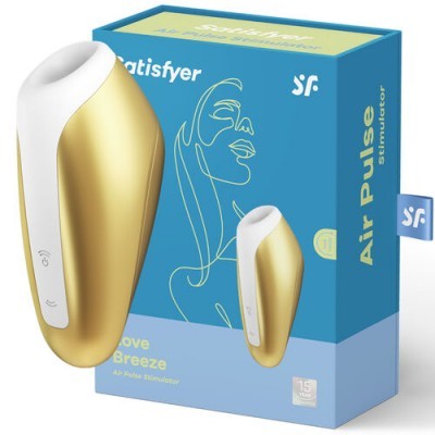 Satisfyer Air Pulse Stimulator dourado e branco com embalagem azul