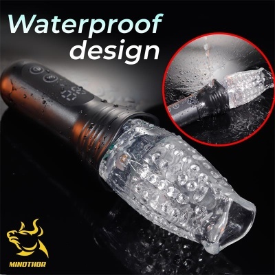 Dispositivo preto com parte transparente com várias esferas internas, texto 'Waterproof design' e logo 'MINOTHAUR'