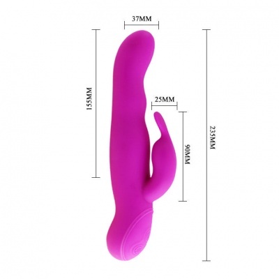 Vibrador em silicone roxo com duas pontas e medidas indicadas