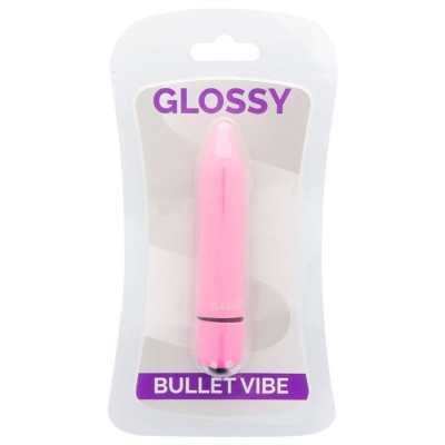Vibrador bullet rosa em embalagem transparente com etiquetas roxas