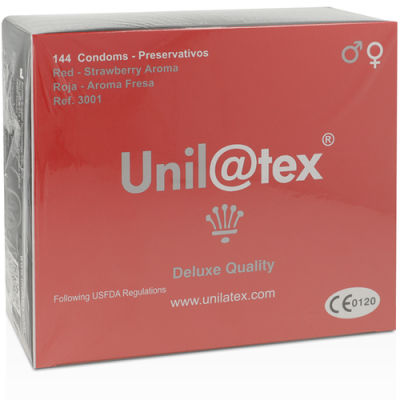Embalagem vermelha de preservativos Unilatex Deluxe Quality com texto informativo e símbolo CE