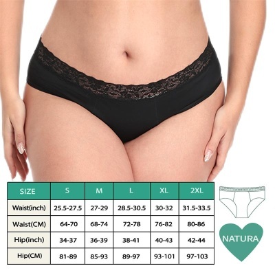 Cueca preta feminina com renda na cintura e tabela de tamanhos com medidas em polegadas e centímetros para S, M, L, XL, 2XL.