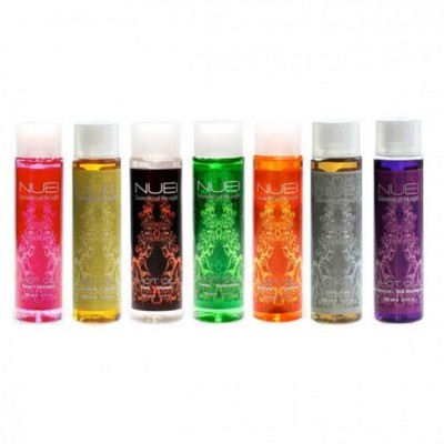 Seis frascos transparentes com líquidos coloridos e tampas brancas, rótulo com texto NUE