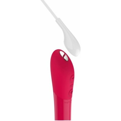 Vibrador vermelho com acessório branco ligado por cabo