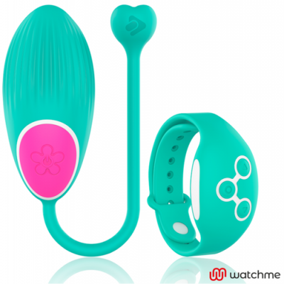 Dispositivo verde-azulado com botão rosa e bracelete correspondente em fundo branco
