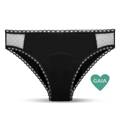 Cuecas femininas pretas em malha transparente com bordas em renda e detalhe GAIA