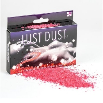 Embalagem escura de Lust Dust com açúcar rosa espalhado