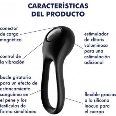 Anel vibratório sexual preto com etiquetas em espanhol indicando suas características