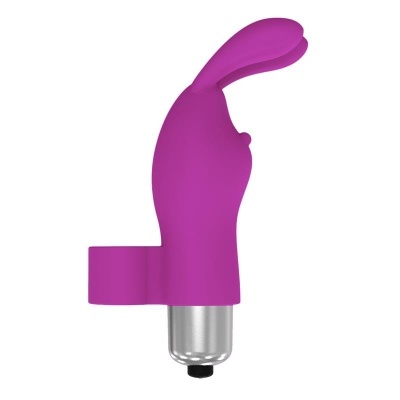 Vibrante produto em silicone cor roxa em forma de coelho com base metálica prateada