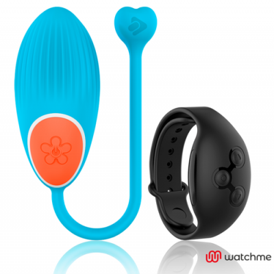 Dispositivo eletrônico azul com bracelete preta e logótipo watchme