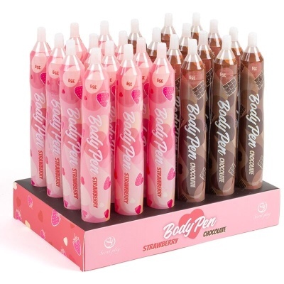 Conjunto de Body Pen em embalagem rosa com unidades nos sabores morango e chocolate
