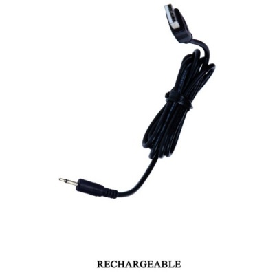 Cabo preto com conetores jack 3,5 mm e USB com texto RECHARGEABLE