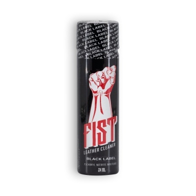 Frasco preto spray Fist Leather Cleaner com mão vermelha em punho e texto em branco e vermelho