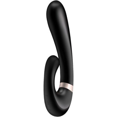 Vibrador duplo preto com anel prateado em silicone sobre fundo branco