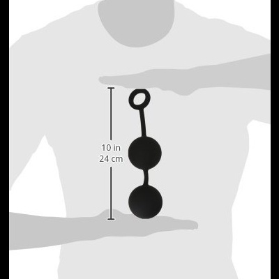 Produto com duas esferas pretas ligadas com laço, medida 24 cm