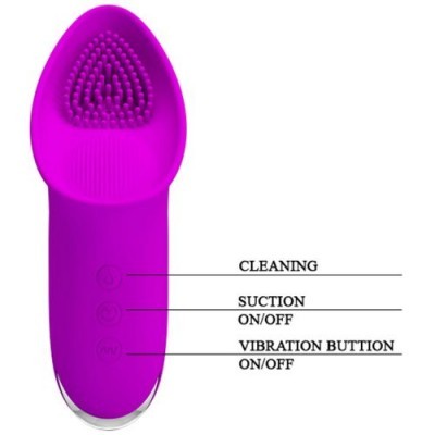 Dispositivo de limpeza facial roxo com botões e texto indicativo.