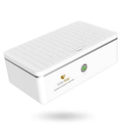 caixa esterilizadora branca com tampa texturizada e botão luminoso verde