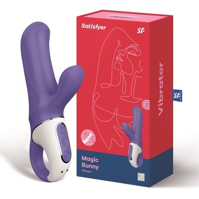 Vibrador Magic Bunny roxo com embalagem vermelha e azul