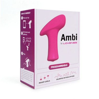Embalagem branca e rosa do dispositivo Ambi by LOVENSE com descrição e instruções